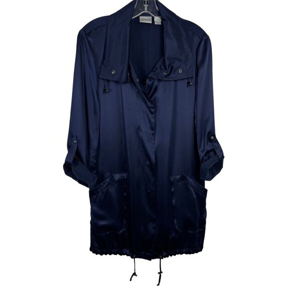Chico's 100% Silk Navy Blue Satin Jacket Snaps Roll Tab Sleeve Chico's 1(US M/8) - Picture 2 of 11